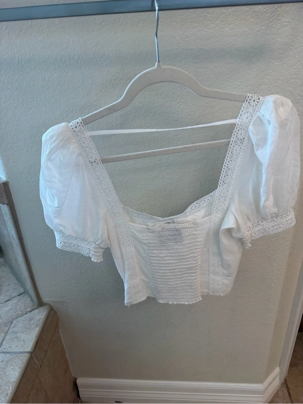 Reformation White Lace Square Neck Puff Sleeve Crop Top